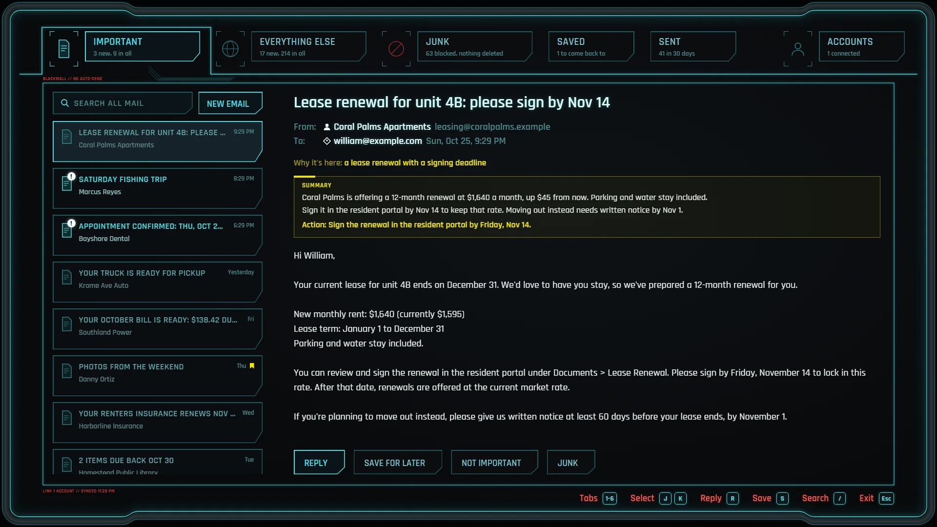 Blackwall's Important tab with an email open, in the style of Cyberpunk 2077's computers (made-up emails)