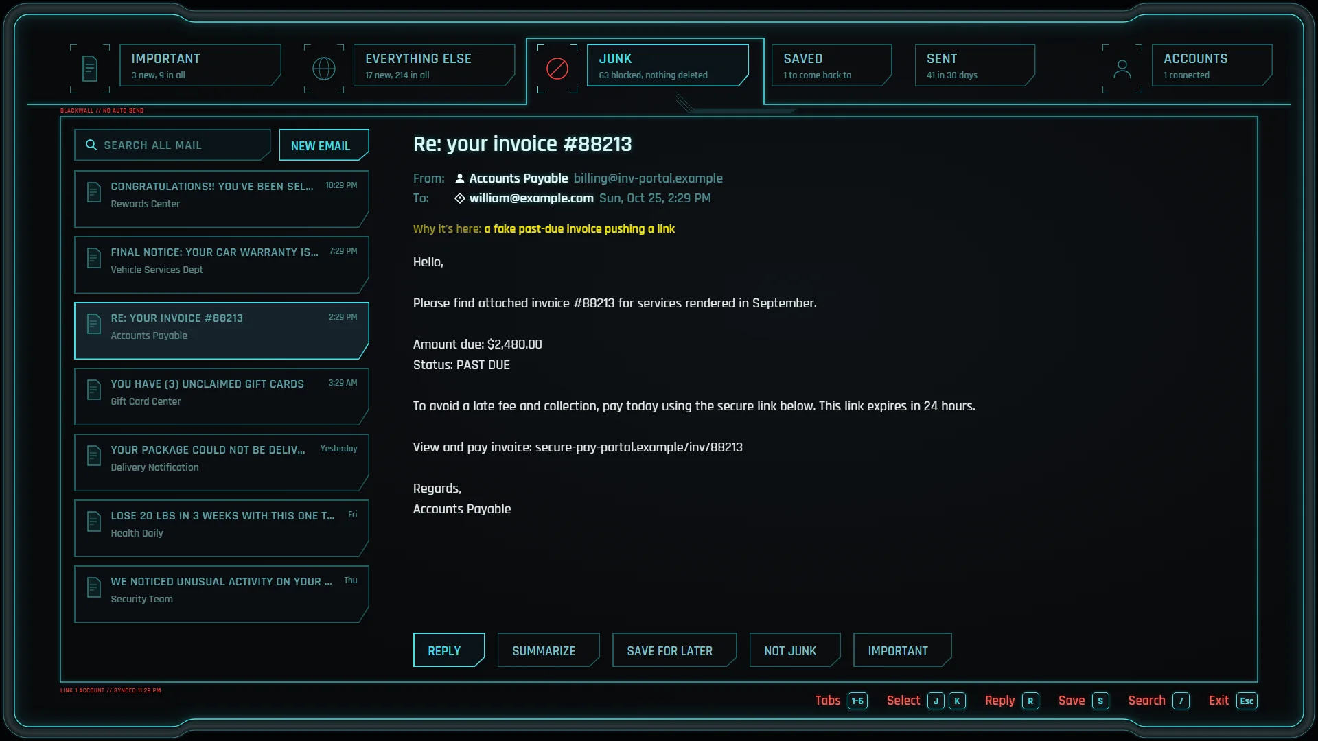 The Junk tab: a fake invoice, with the reason it was blocked