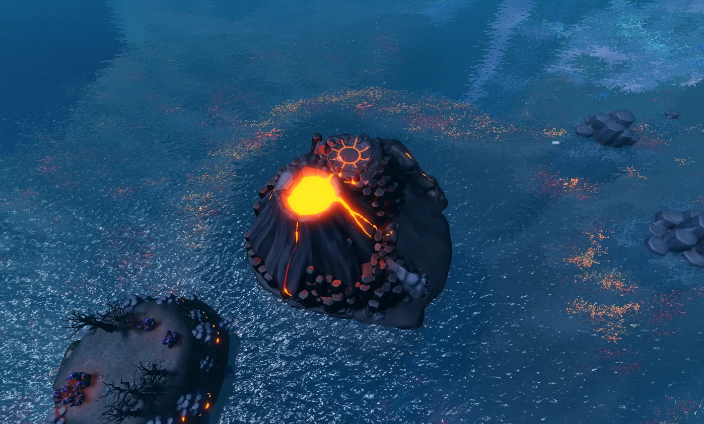 The Ember Isle volcano glowing at sea