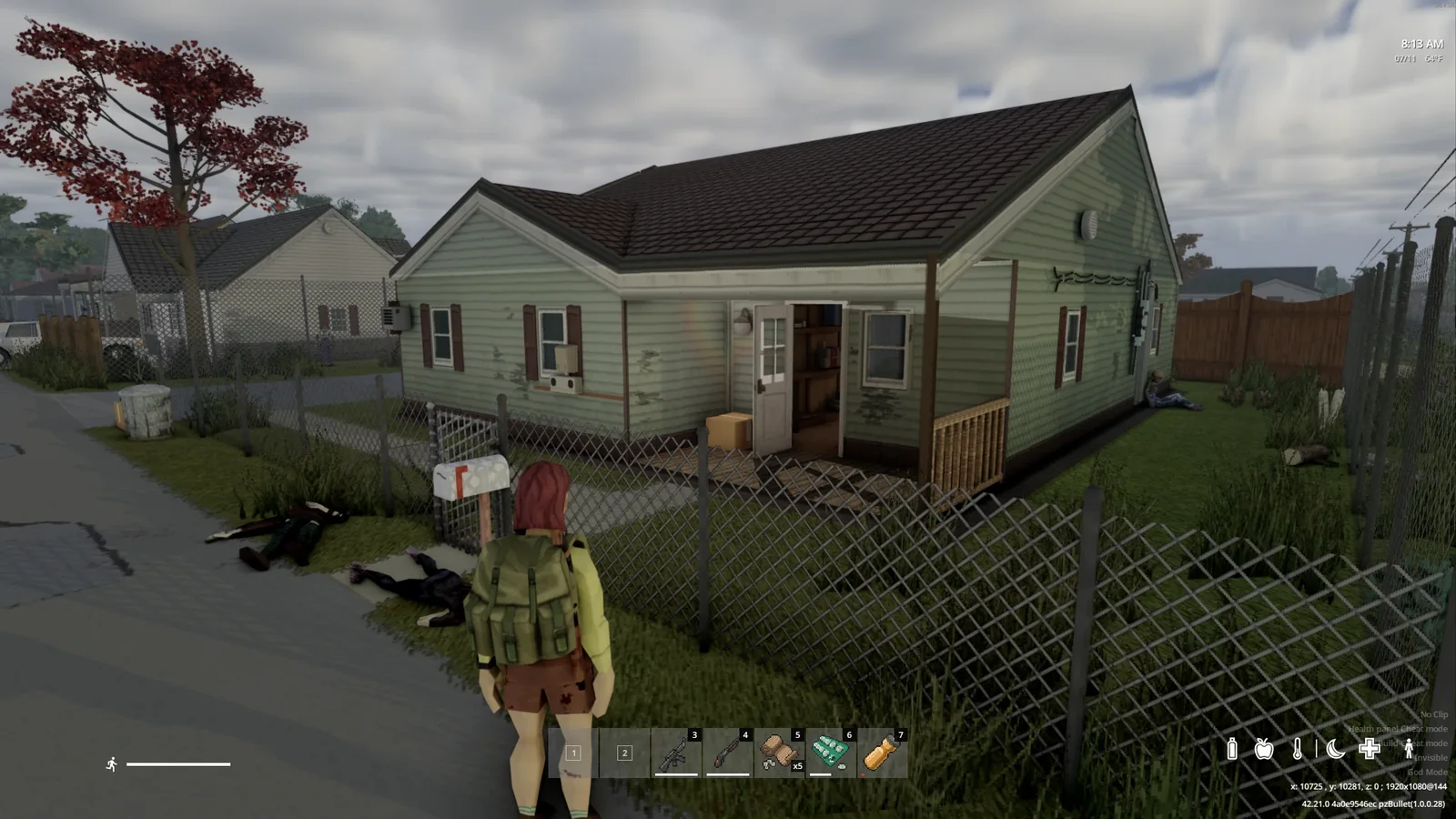 A green house with a complete 3D roof, survivor in the yard